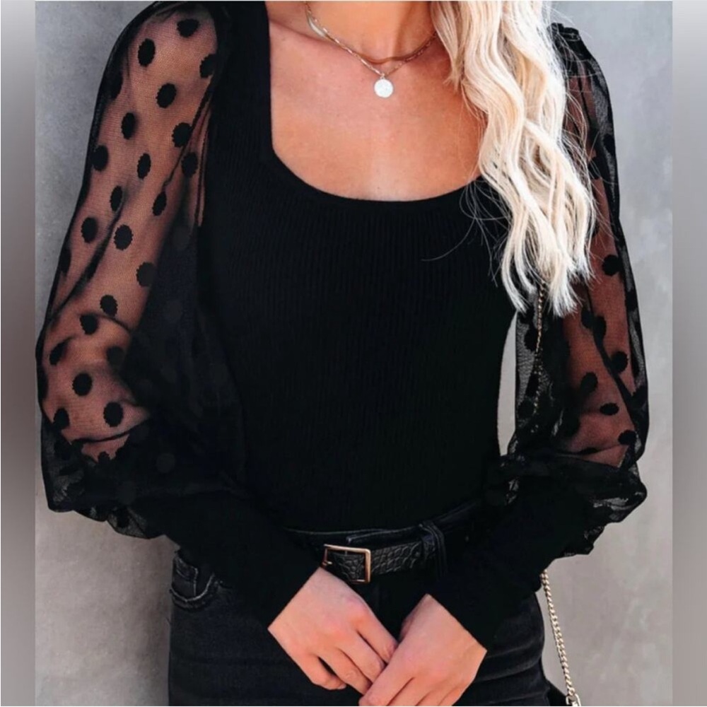 Vici Black Sheer Polka Dot Sleeve Top